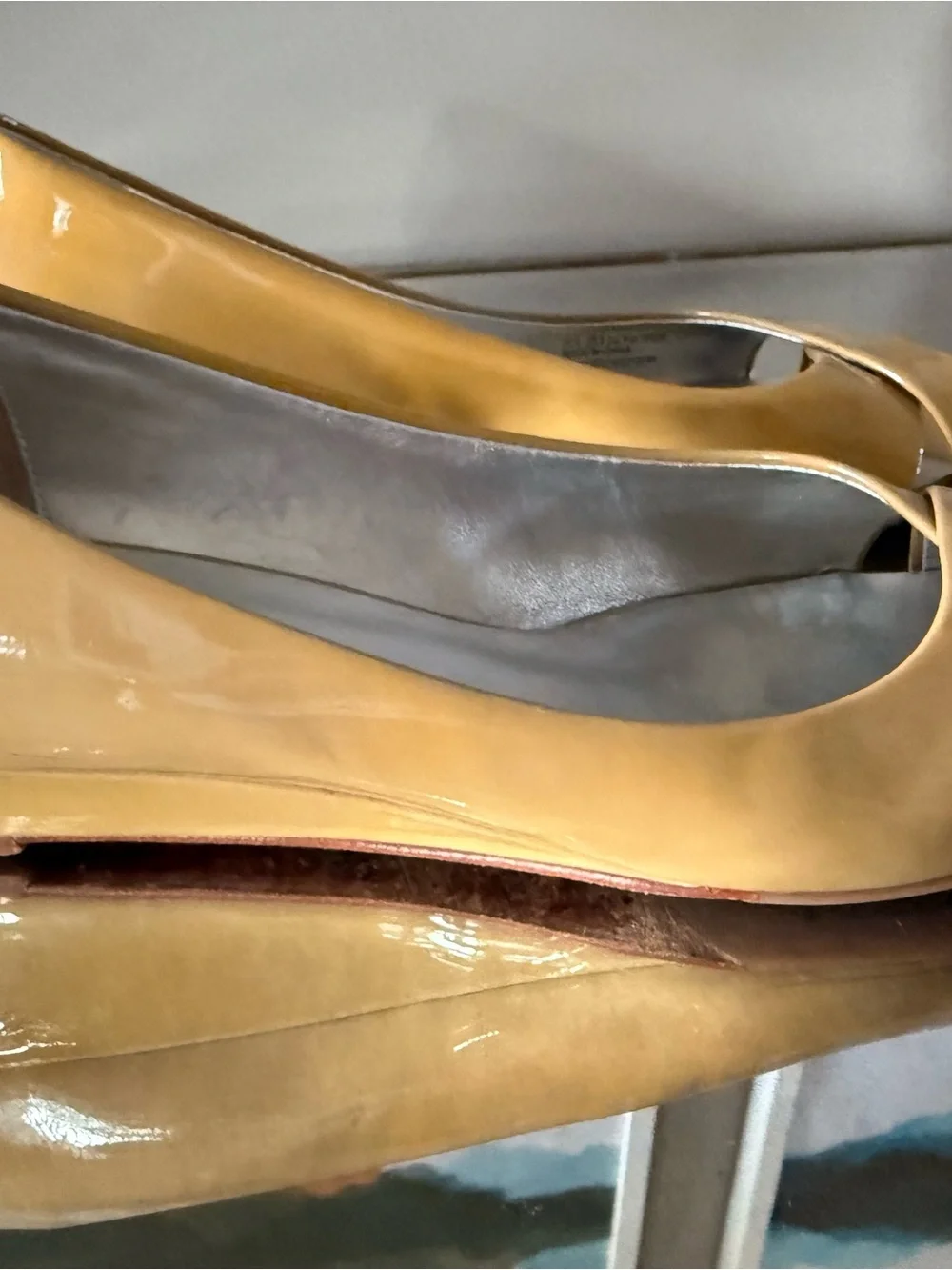 Cole Haan Nude Tan Patent Leather Peep Toe Wedge Pumps